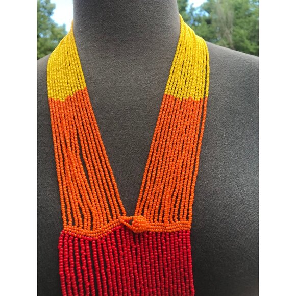 Vtg 1960's Seed Beaded Shawl With Beaded Button & Loop Orange Red Yellow African - Picture 2 of 10